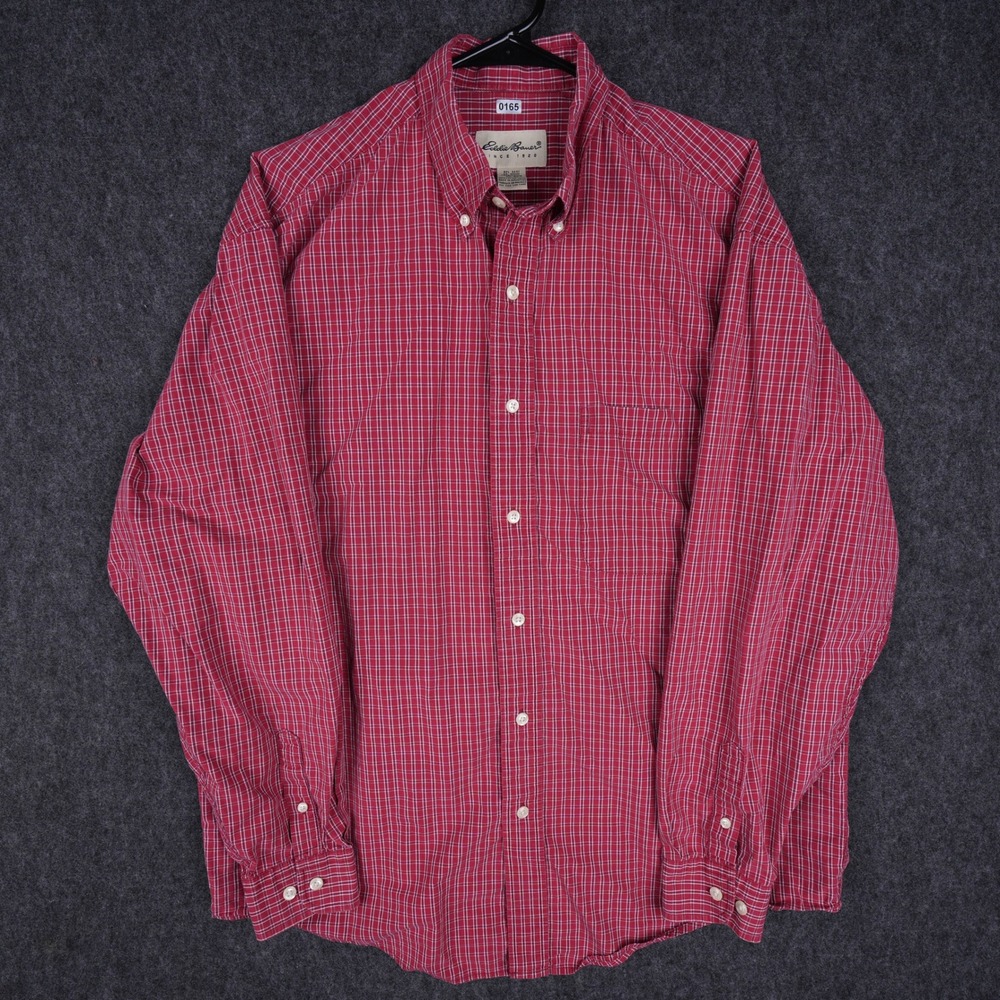Eddie Bauer Plaid Button Down Shirt Mens Medium Red Excellent Long Sleeve Cotton